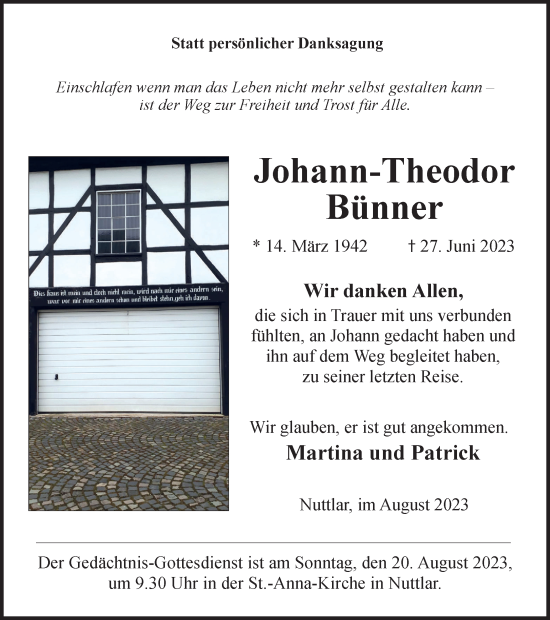Traueranzeige von Johann-Theodor Bünner von Tageszeitung