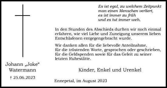 Traueranzeige von Johann  Watermann von Tageszeitung