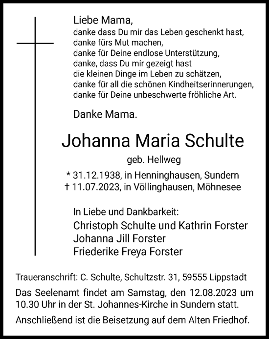 Traueranzeige von Johanna Maria Schulte von Tageszeitung