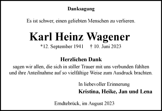 Traueranzeige von Karl Heinz Wagener von Tageszeitung