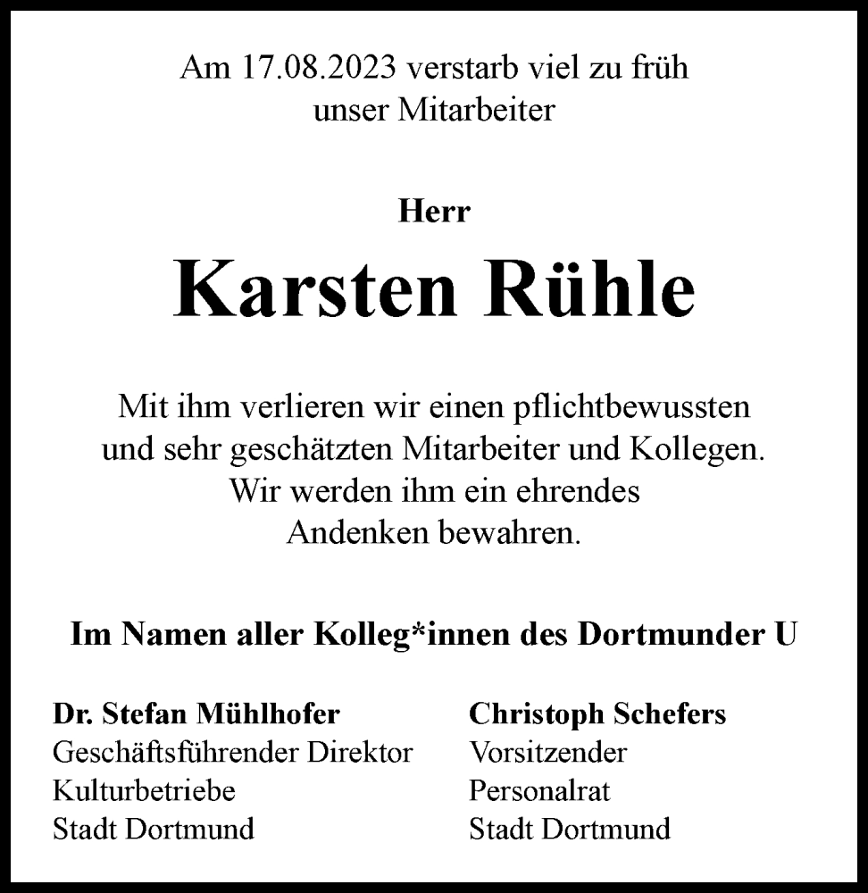  Traueranzeige für Karsten Rühle vom 26.08.2023 aus Tageszeitung