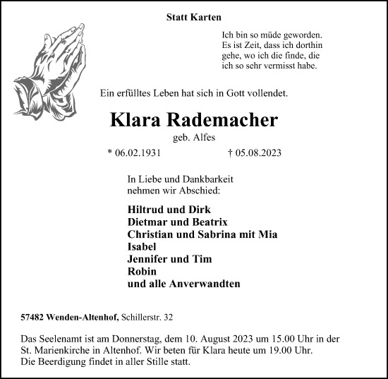 Traueranzeige von Klara Rademacher von Tageszeitung
