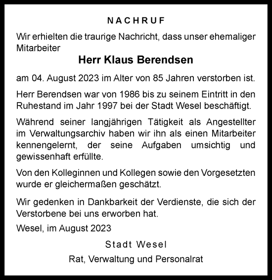 Traueranzeige von Klaus Berendsen von Tageszeitung