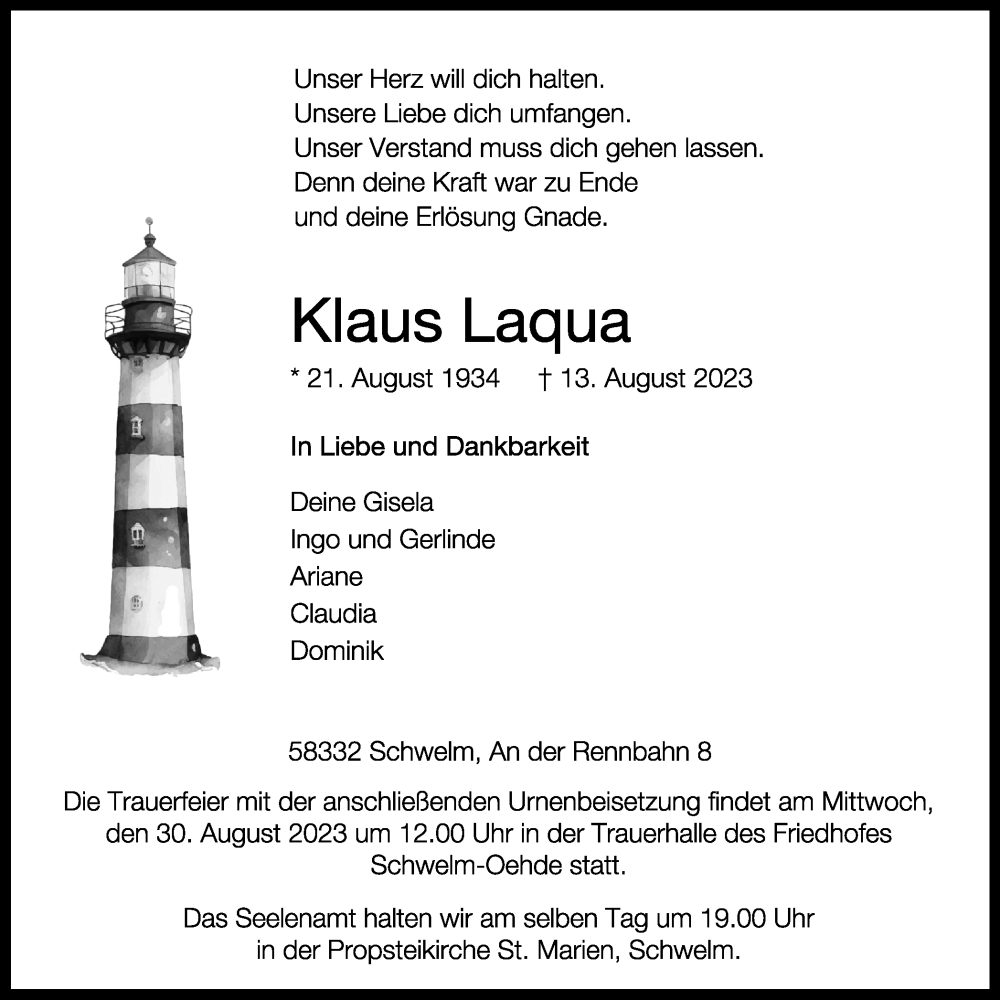  Traueranzeige für Klaus Laqua vom 19.08.2023 aus Tageszeitung