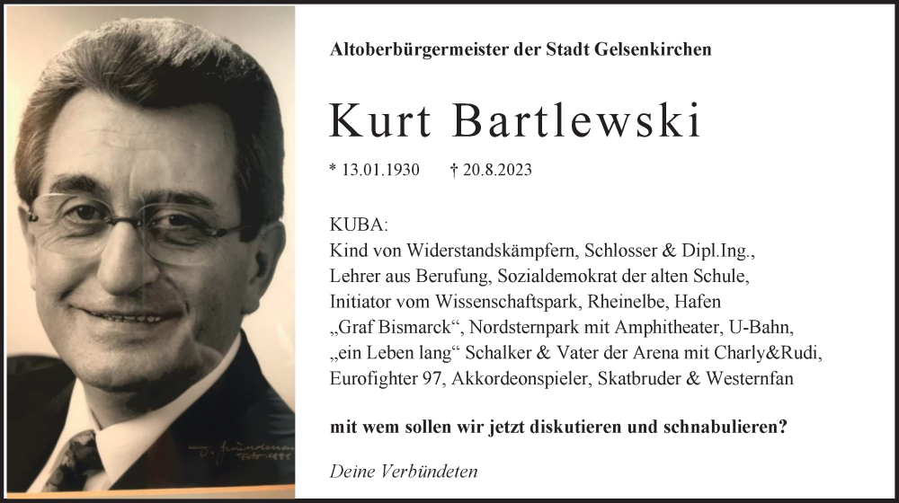  Traueranzeige für Kurt Bartlewski vom 28.08.2023 aus Tageszeitung