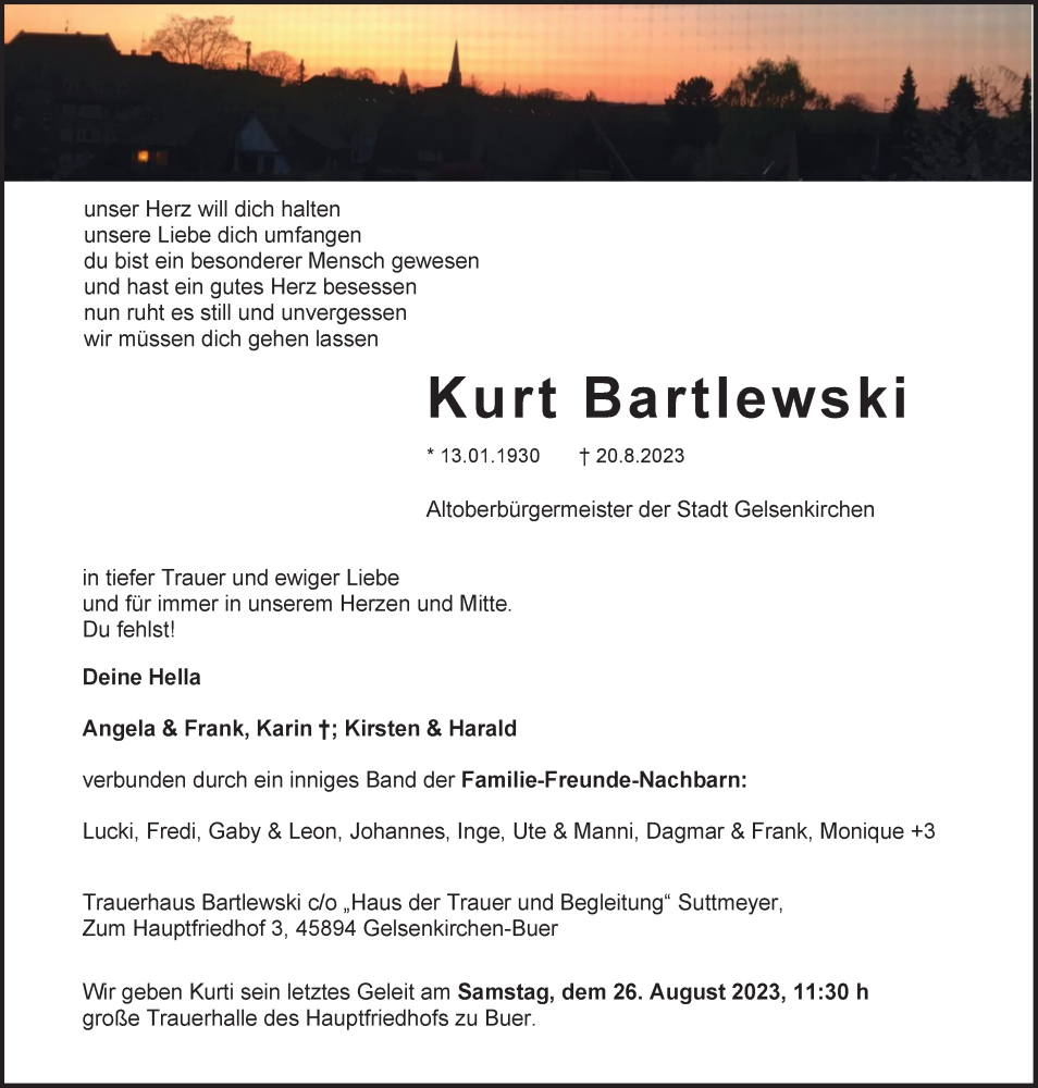  Traueranzeige für Kurt Bartlewski vom 26.08.2023 aus Tageszeitung