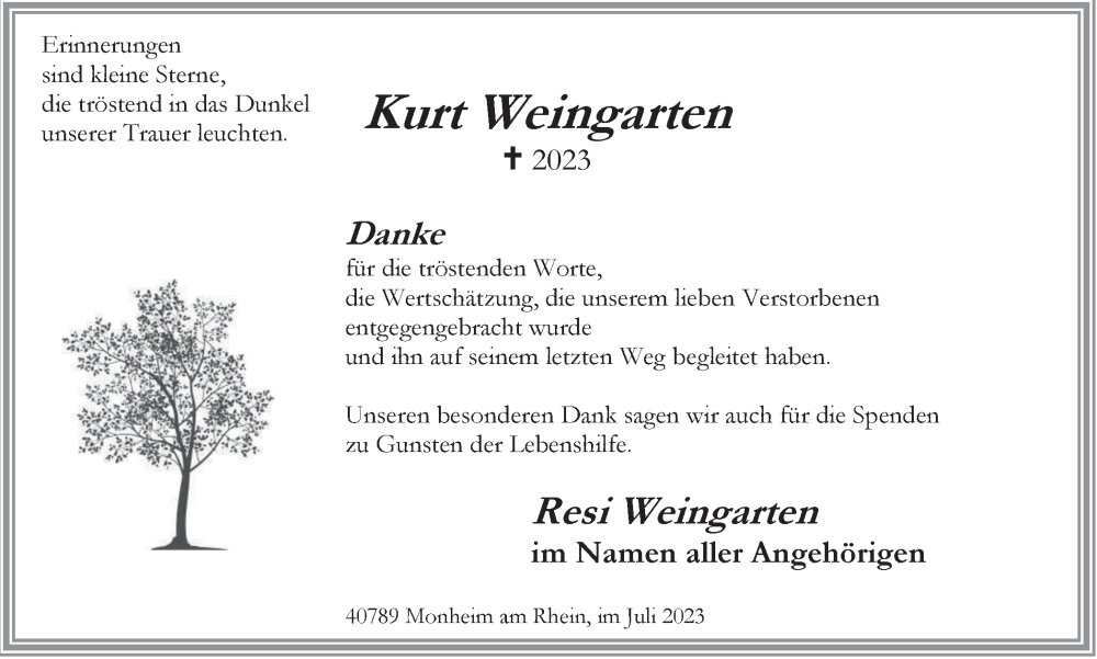  Traueranzeige für Kurt Weingarten vom 05.08.2023 aus Tageszeitung