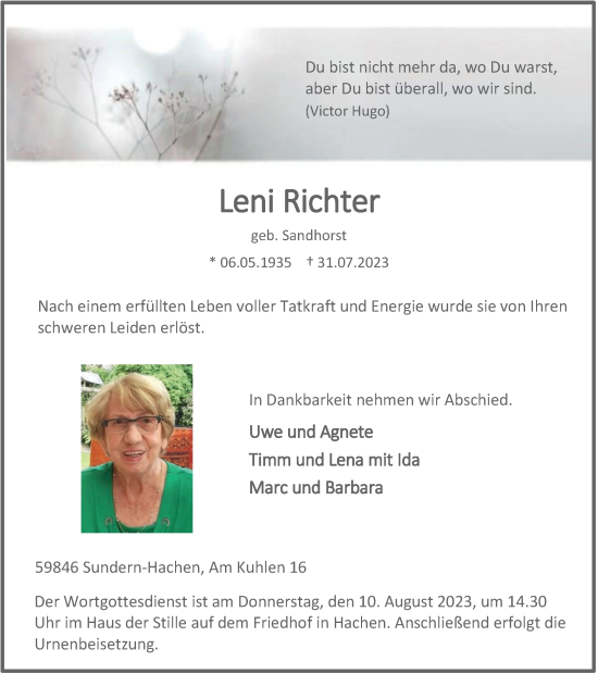 Traueranzeige von Leni Richter von Tageszeitung