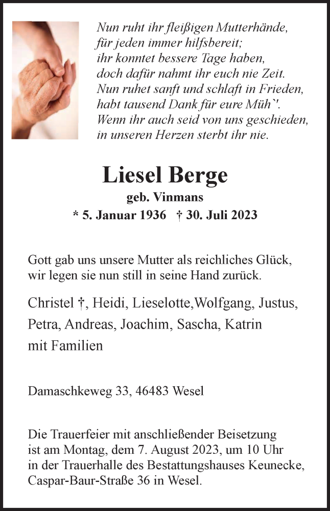  Traueranzeige für Liesel Berge vom 04.08.2023 aus Tageszeitung