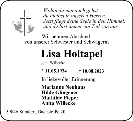 Traueranzeige von Lisa Holtapel von Tageszeitung