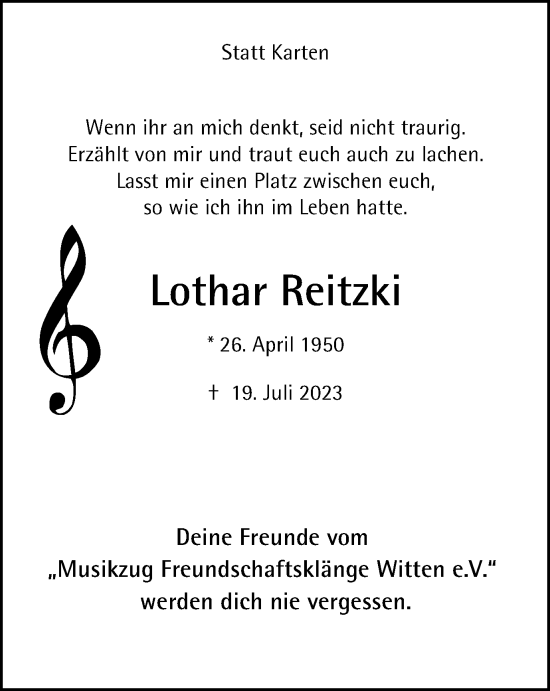 Traueranzeige von Lothar Reitzki von Tageszeitung