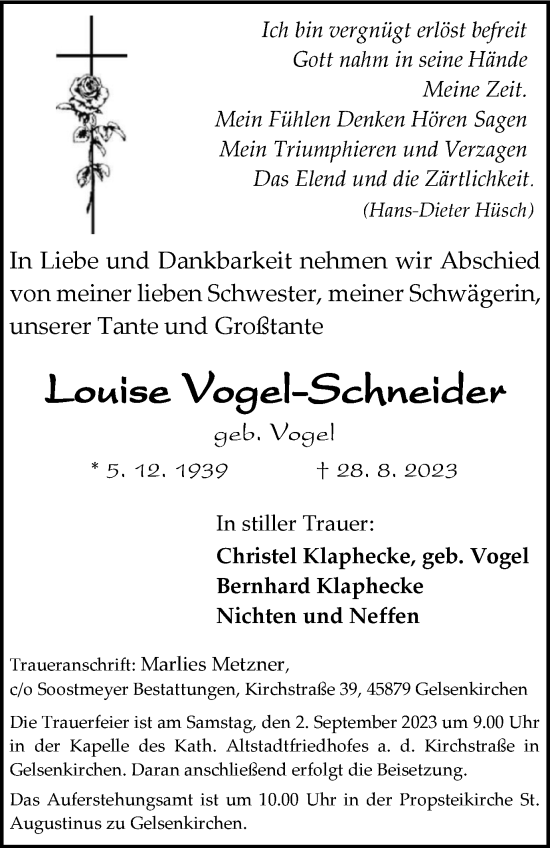 Traueranzeige von Louise Vogel-Schneider von Tageszeitung