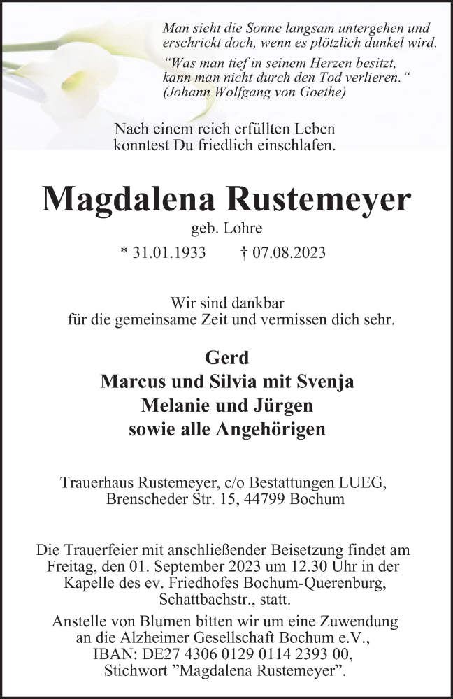  Traueranzeige für Magdalena Rustemeyer vom 26.08.2023 aus Tageszeitung