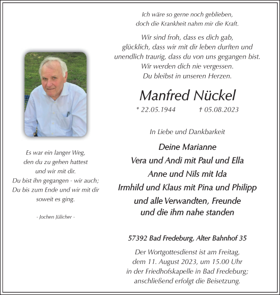 Traueranzeige von Manfred Nückel von Tageszeitung