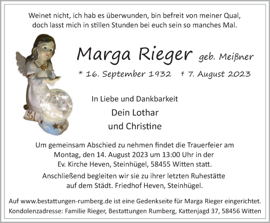 Traueranzeige von Marga Rieger von Tageszeitung