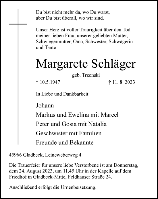 Traueranzeige von Margarete Schläger von Tageszeitung