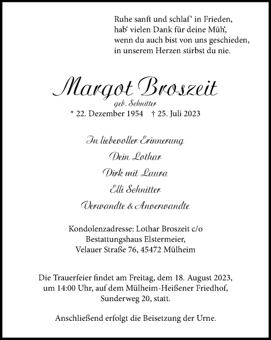 Traueranzeige von Margot Broszeit von Tageszeitung
