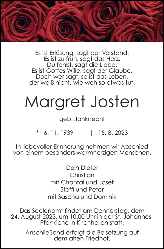 Traueranzeige von Margret Josten von Tageszeitung
