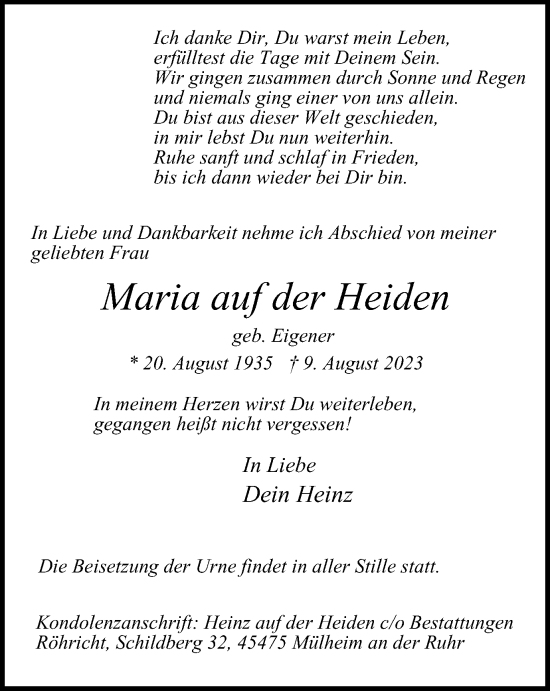 Traueranzeige von Maria auf der Heiden von Tageszeitung
