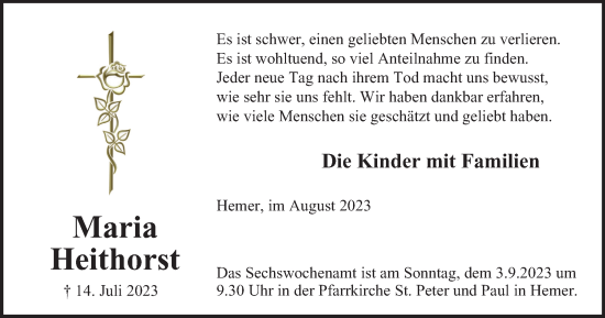 Traueranzeige von Maria Heithorst von Tageszeitung