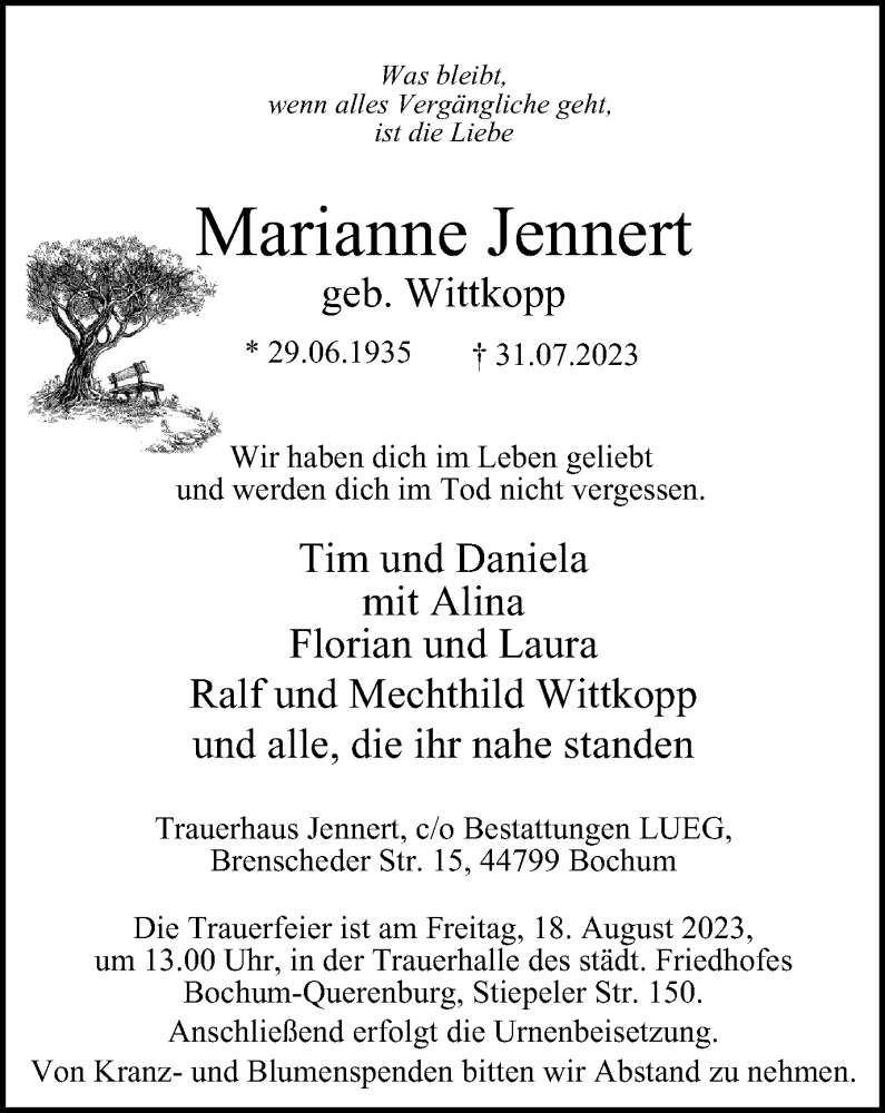  Traueranzeige für Marianne Jennert vom 12.08.2023 aus Tageszeitung