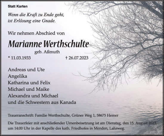 Traueranzeige von Marianne Werthschulte von Tageszeitung