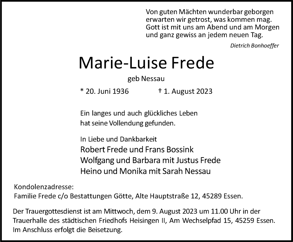  Traueranzeige für Marie-Luise Frede vom 05.08.2023 aus Tageszeitung