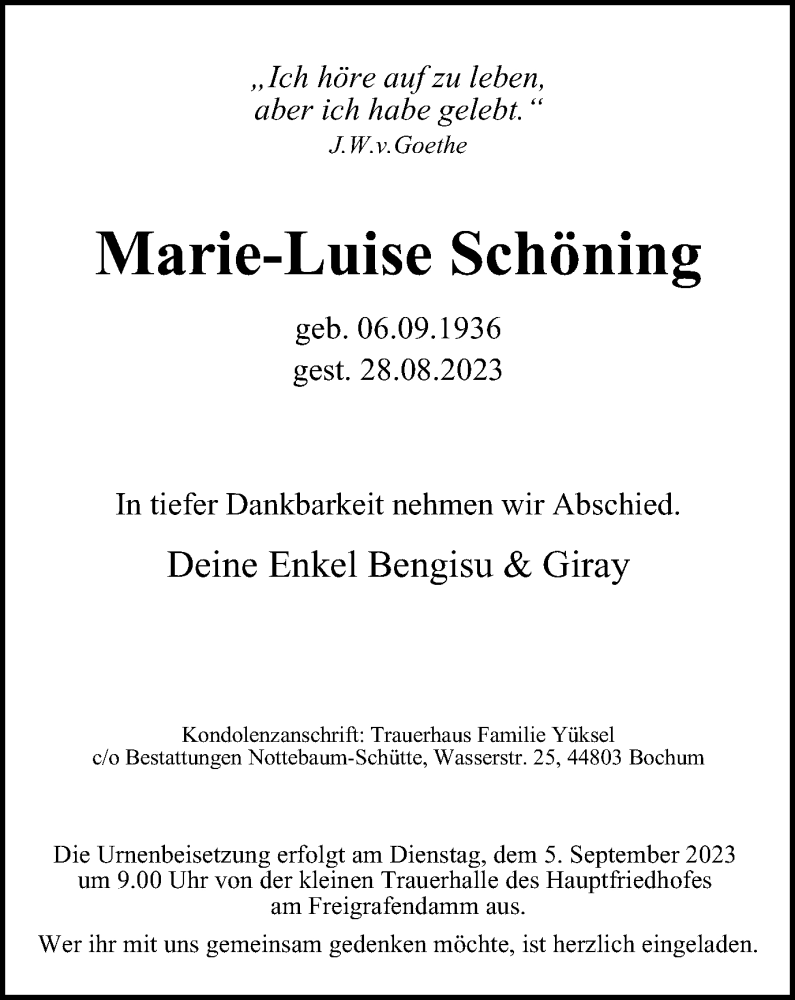  Traueranzeige für Marie-Luise Schöning vom 31.08.2023 aus Tageszeitung