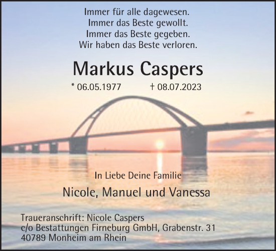Traueranzeige von Markus Caspers von Tageszeitung