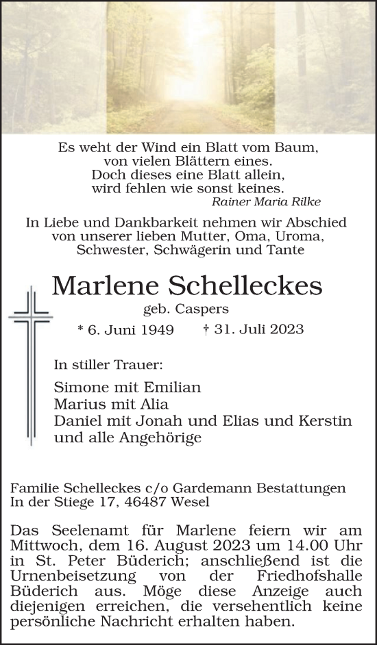 Traueranzeige von Marlene Schelleckes von Tageszeitung