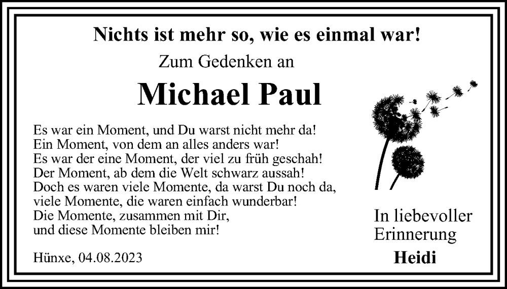  Traueranzeige für Michael Paul vom 04.08.2023 aus Tageszeitung