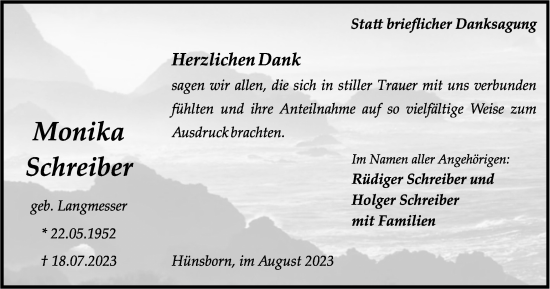 Traueranzeige von Monika Schreiber von Tageszeitung