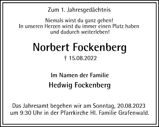Traueranzeige von Norbert Fockenberg von Tageszeitung