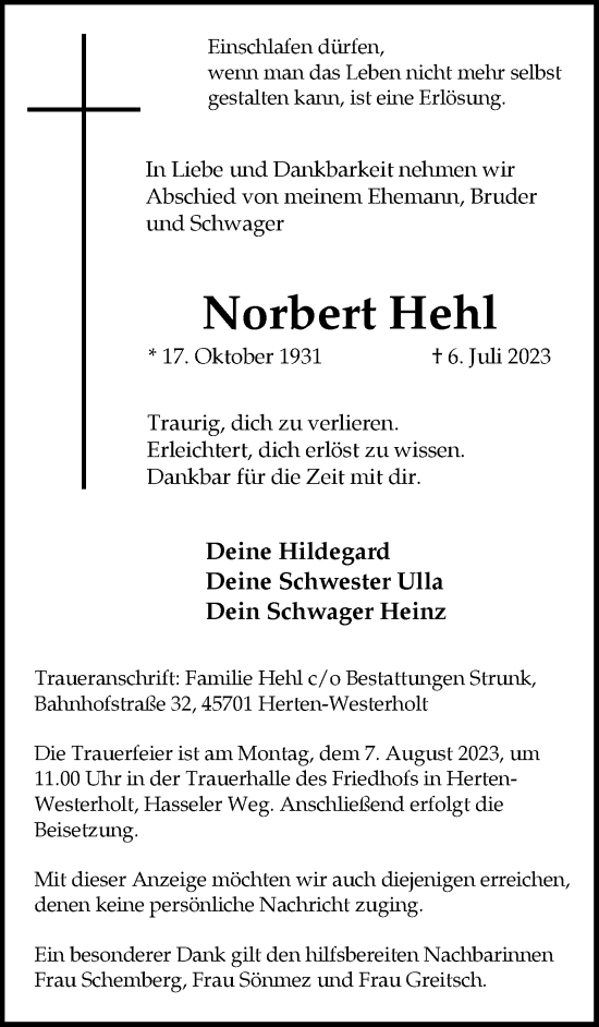 Traueranzeige von Norbert Hehl von Tageszeitung