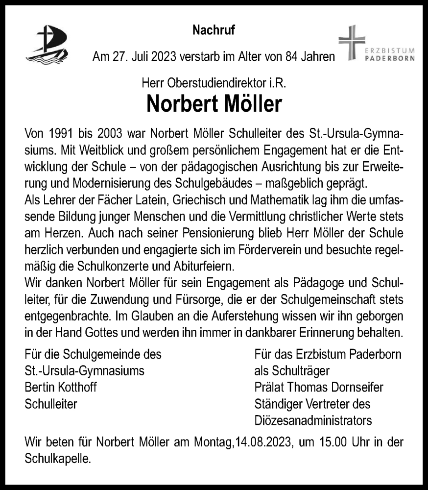  Traueranzeige für Norbert Möller vom 12.08.2023 aus Tageszeitung