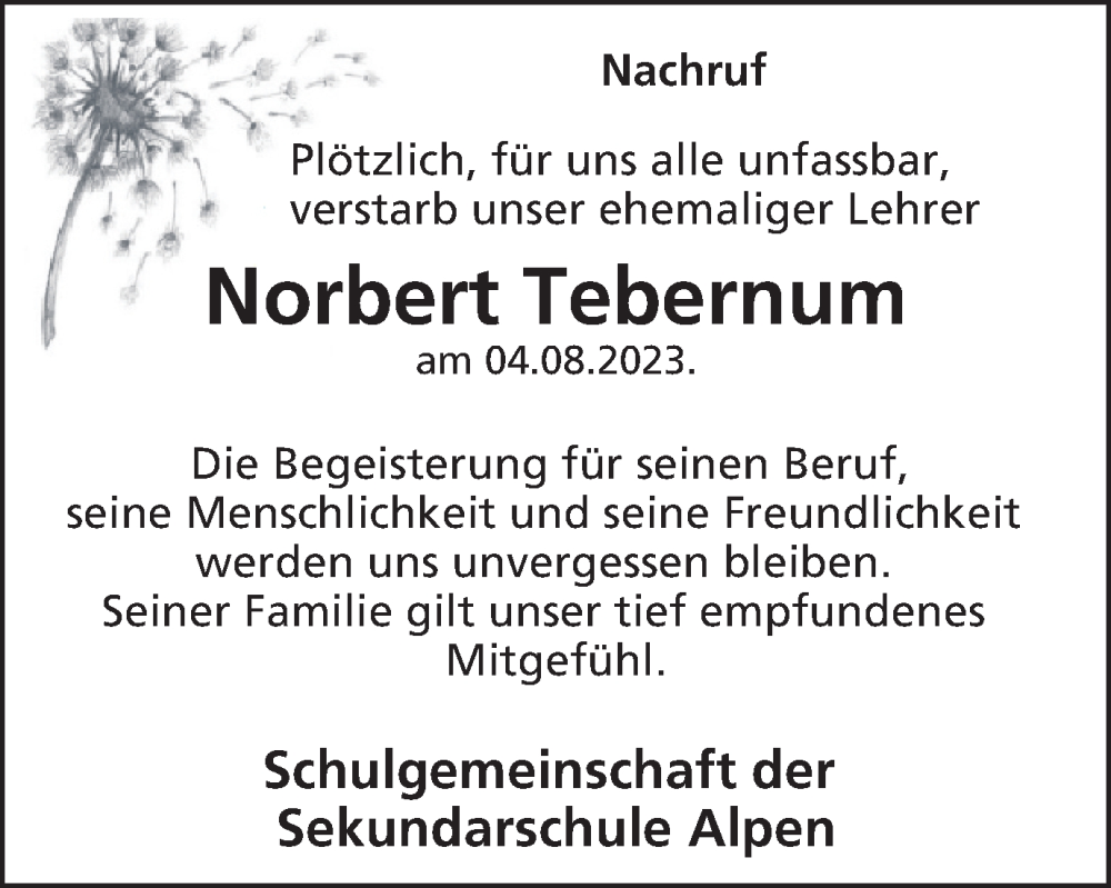  Traueranzeige für Norbert Tebernum vom 12.08.2023 aus Tageszeitung