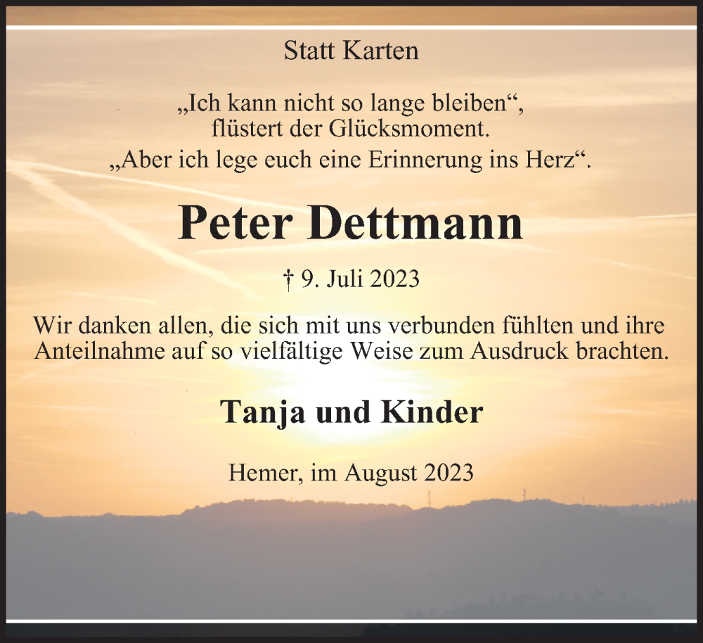  Traueranzeige für Peter Dettmann vom 19.08.2023 aus Tageszeitung