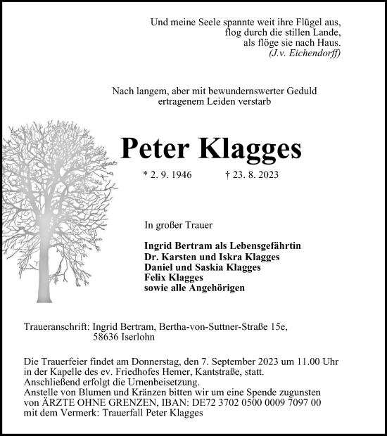 Traueranzeige von Peter Klagges von Tageszeitung