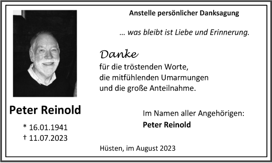 Traueranzeige von Peter Reinold von Tageszeitung