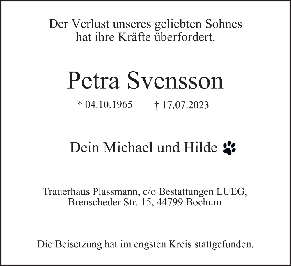  Traueranzeige für Petra Svensson vom 05.08.2023 aus Tageszeitung