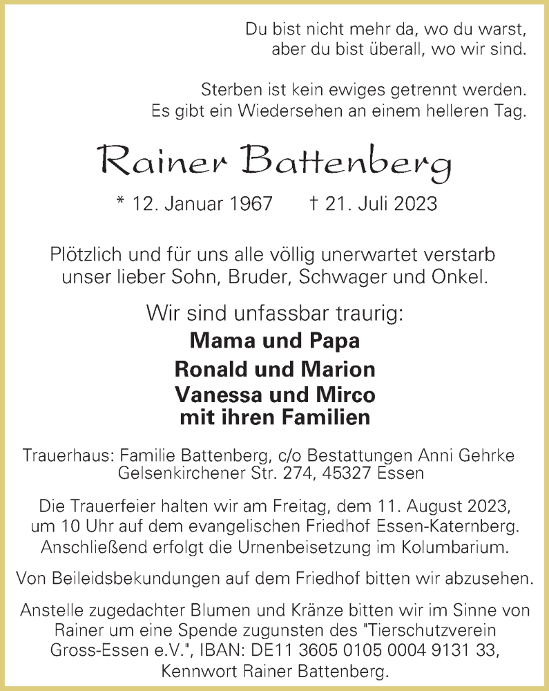  Traueranzeige für Rainer Battenberg vom 05.08.2023 aus Tageszeitung
