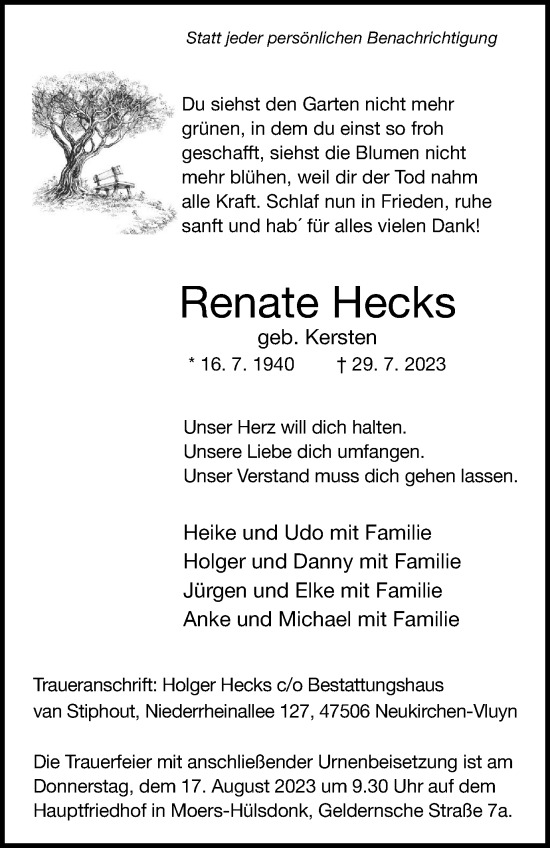 Traueranzeige von Renate Hecks von Tageszeitung
