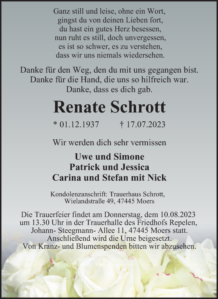  Traueranzeige für Renate Schrott vom 07.08.2023 aus Tageszeitung