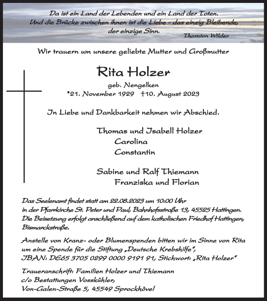 Traueranzeige von Rita Holzer von Tageszeitung