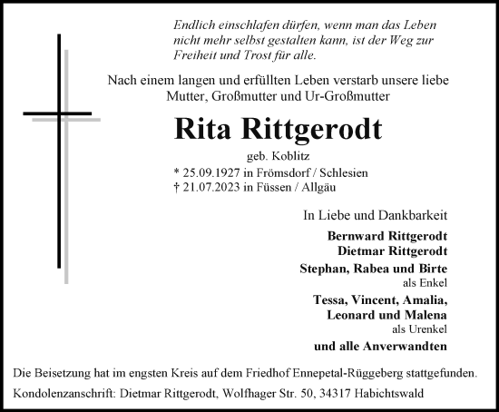 Traueranzeige von Rita Rittgerodt von Tageszeitung