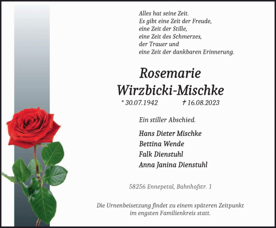 Traueranzeige von Rosemarie Wirzbicki-Mischke von Tageszeitung
