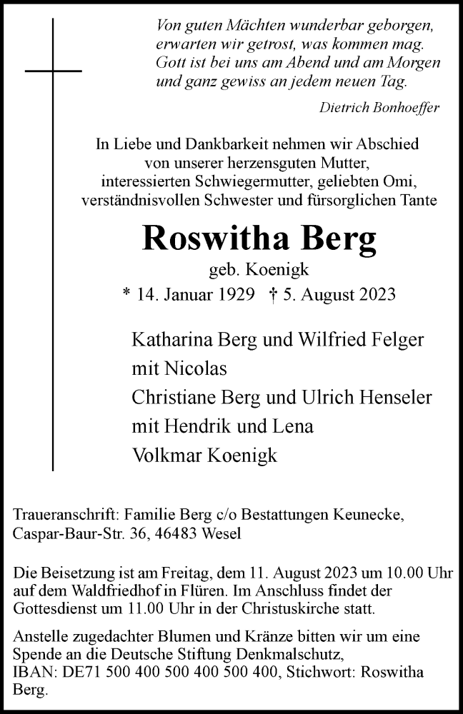  Traueranzeige für Roswitha Berg vom 09.08.2023 aus Tageszeitung