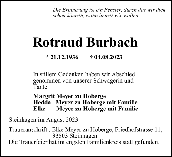 Traueranzeige von Rotraud Burbach von Tageszeitung