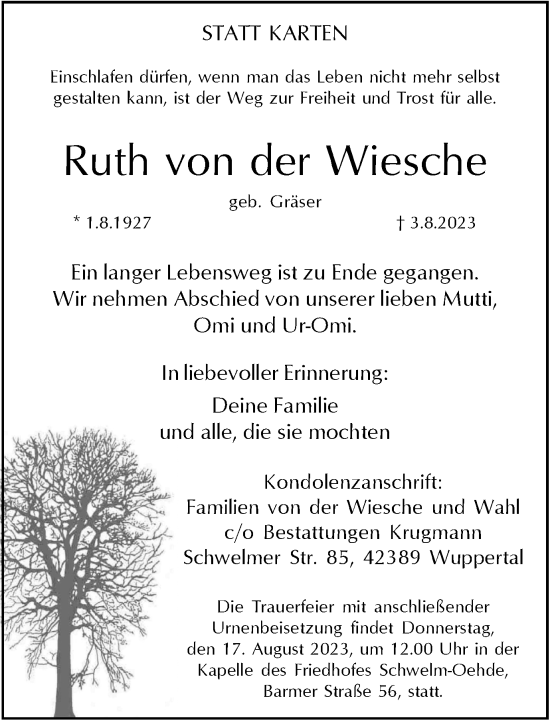 Traueranzeige von Ruth von der Wiesche von Tageszeitung