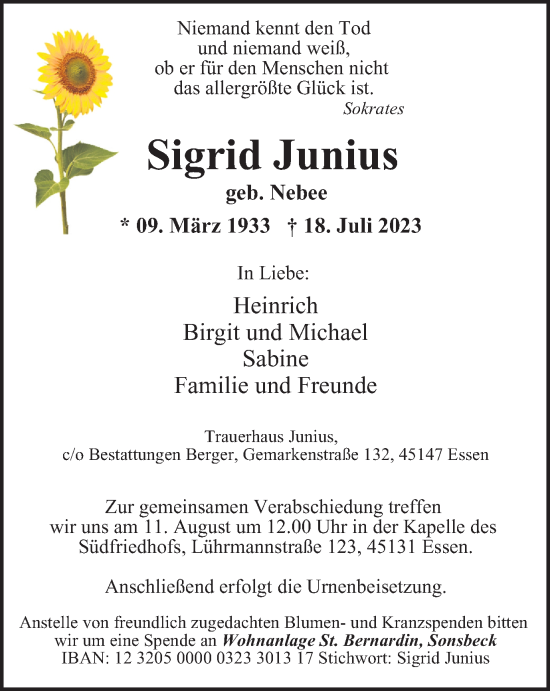 Traueranzeige von Sigrid Junius von Tageszeitung